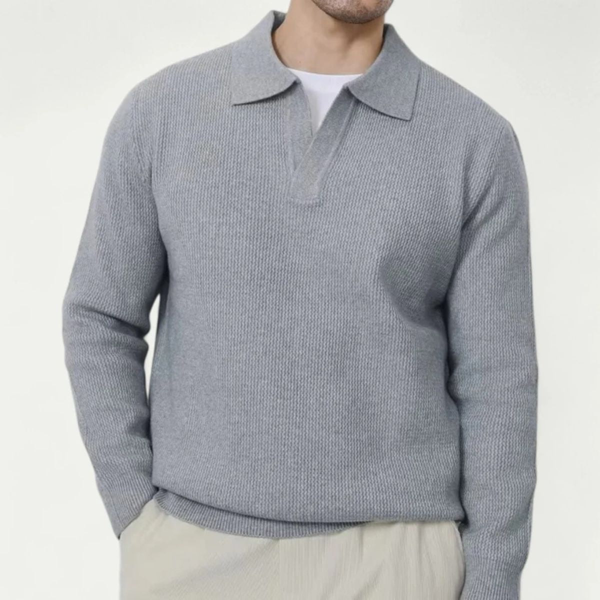 Beau | Men's Ribbed Polo Collar Sweater Gray Long Sleeve