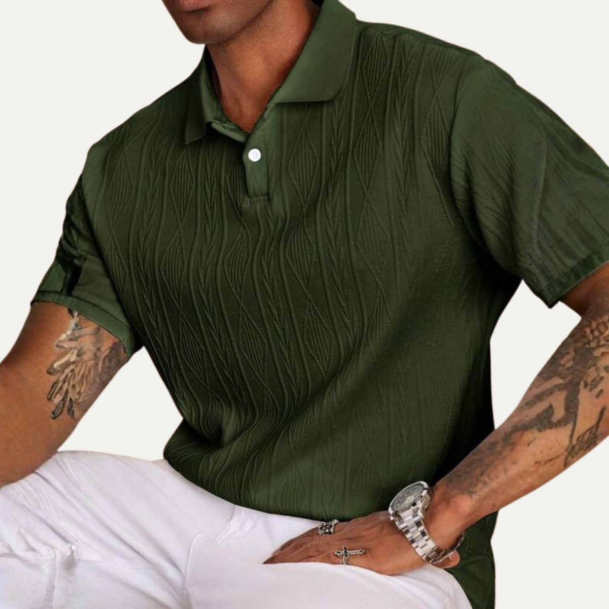 Ash | Men's Textured Polo Shirt Olive Green Short Sleeve