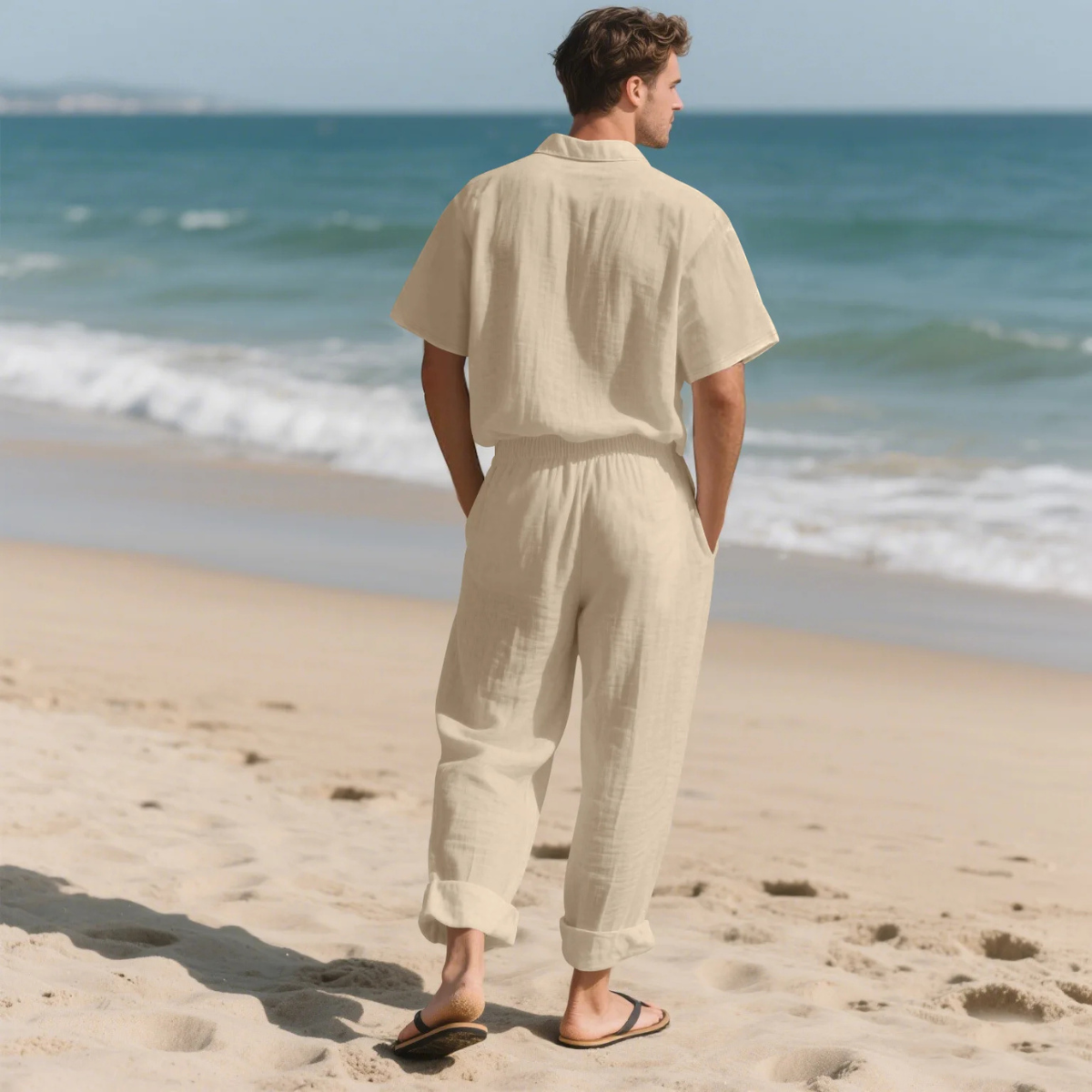 Odin | Men's Linen Set Cream Short Sleeve Shirt Drawstring Pants