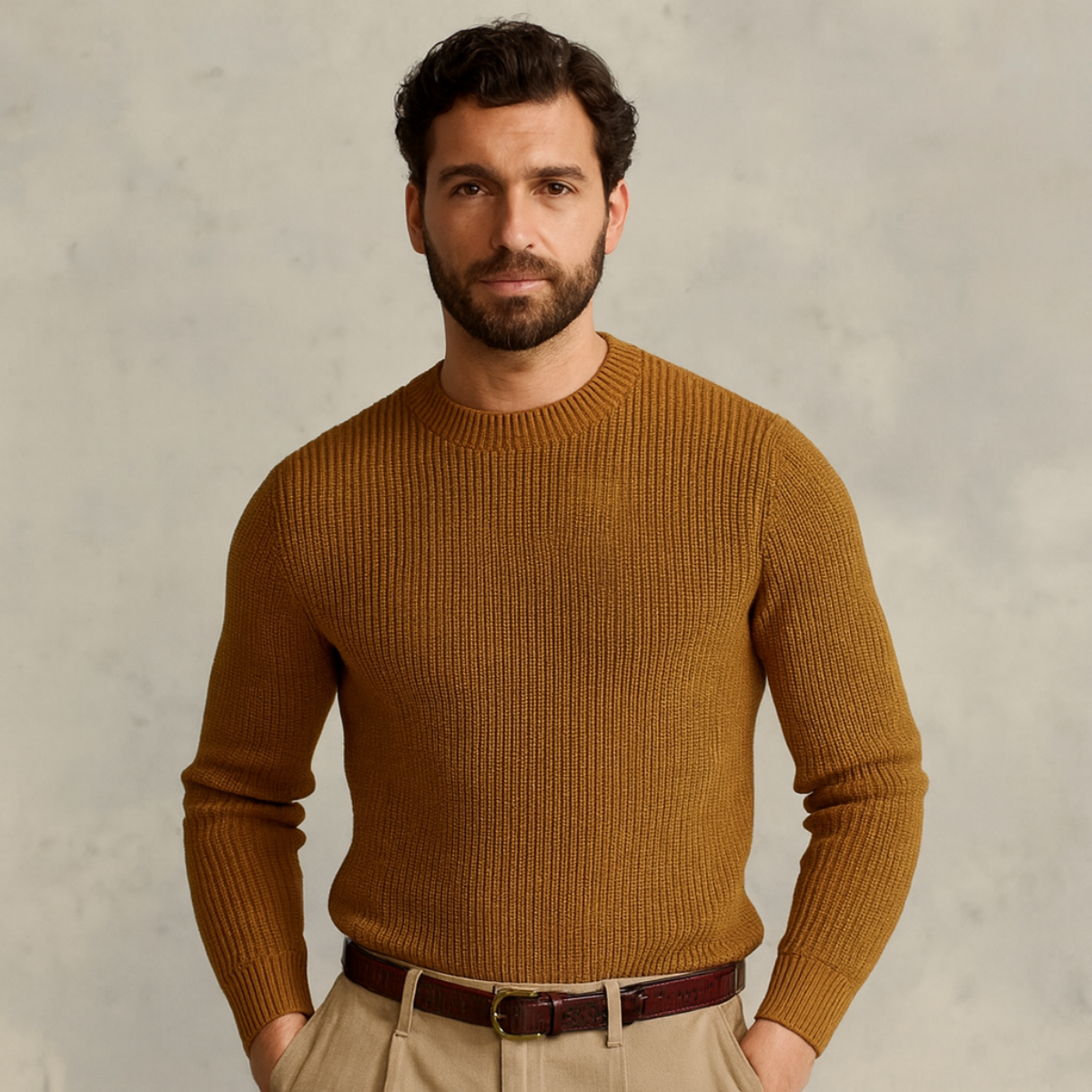 Ives | Men's Ribbed Crew Neck Sweater Brown Merino Wool