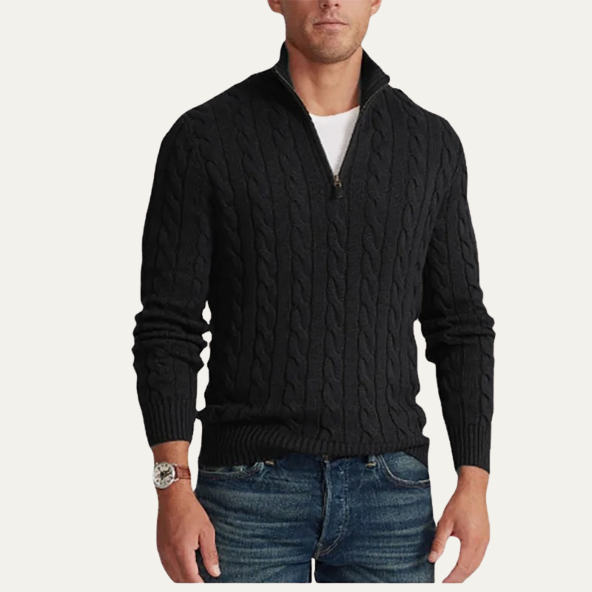Rowan | Men's Cable Knit Quarter Zip Sweater Cream Mock Neck