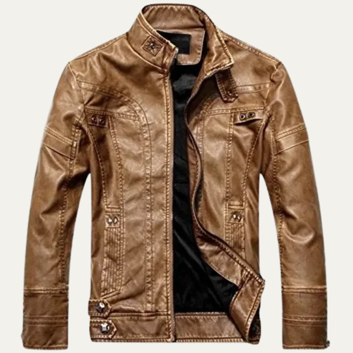 Vex | Men's Leather Jacket Tan Zip Up Biker