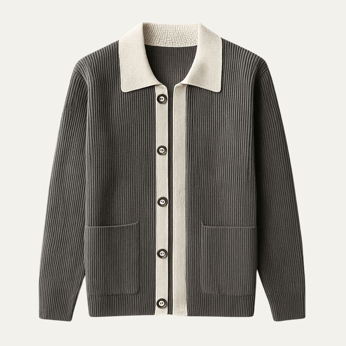 Axel | Men's Collared Cardigan Sweater Black Cream Knit
