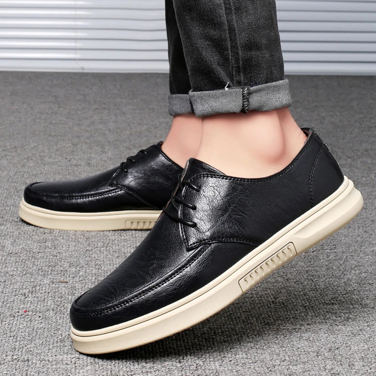 Bram | Men's Leather Lace Up Sneaker Black Cream Sole