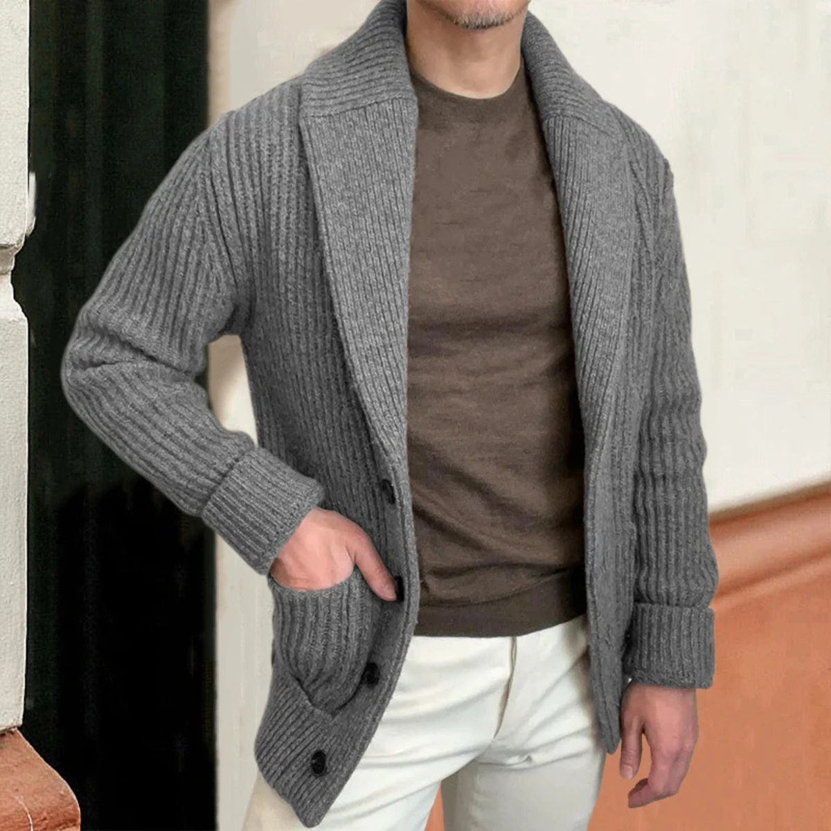 Flint | Men's Chunky Knit Cardigan Gray Shawl Collar