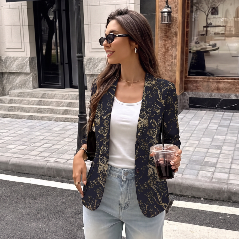 Greta | Women's Floral Print Blazer Navy White Long Sleeve