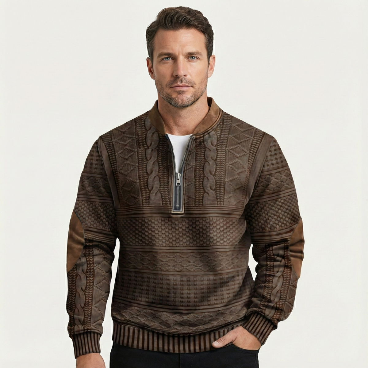 Beau | Men's Cable Knit Sweater Black Brown Elbow Patches Quarter Zip