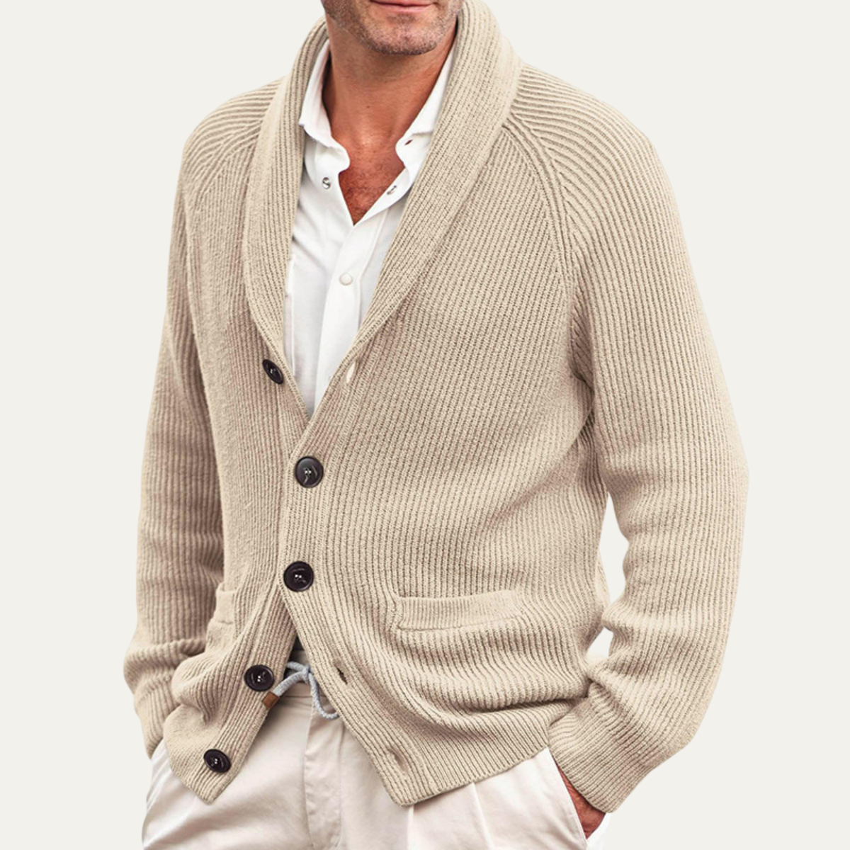 Blake | Men's Cream Ribbed Knit Cardigan Button Up Shawl Collar
