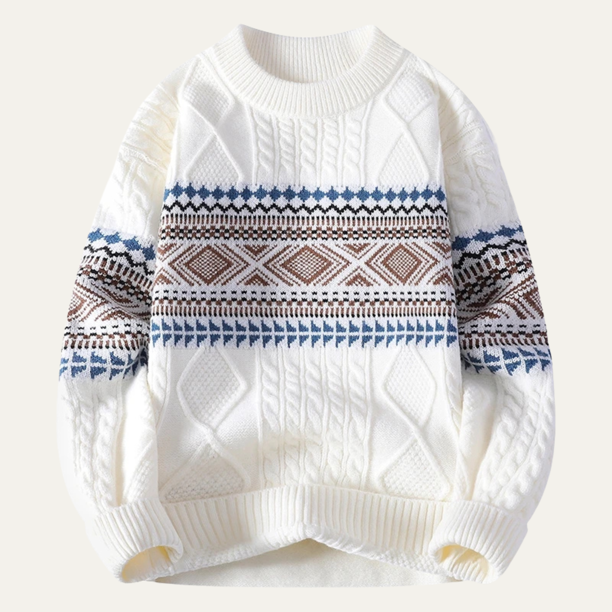 Eli | Men's Crew Neck Sweater Cream Cable Knit Nordic Pattern
