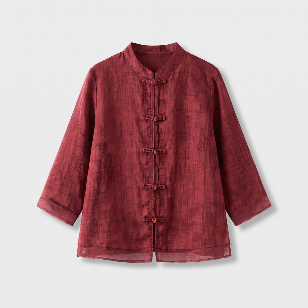 Camille | Women's Linen Shirt Green Mandarin Collar Button Up