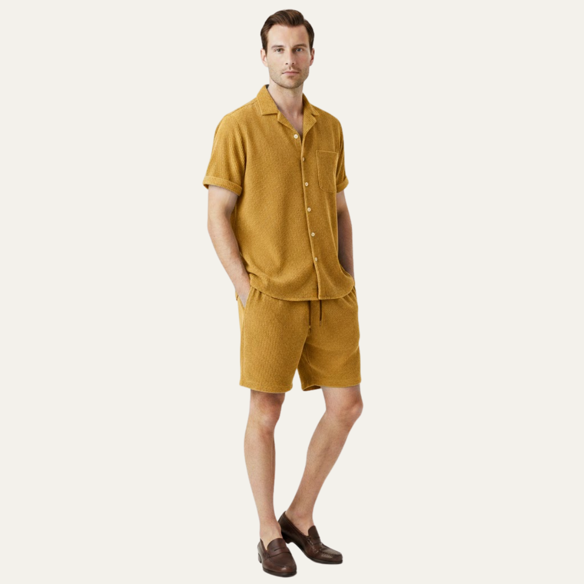 Ash | Men's Lounge Set Olive Green Short Sleeve Shirt Shorts
