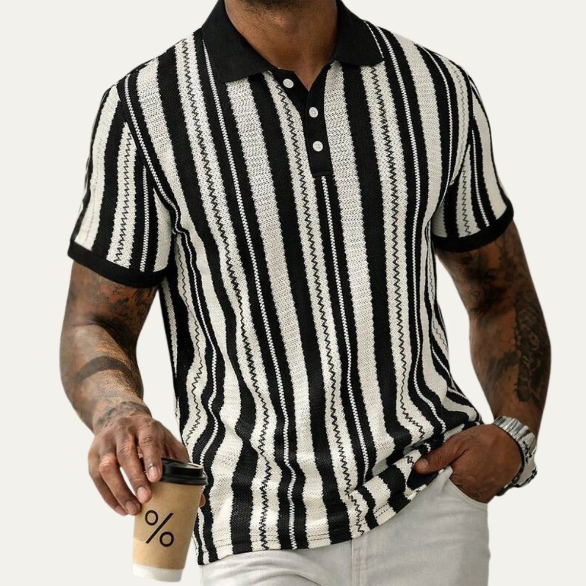 Bram | Men's Striped Knit Polo Shirt Black Cream