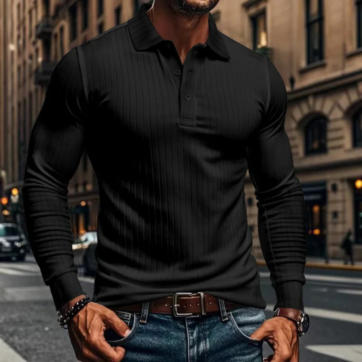 Soren | Men's Ribbed Polo Shirt Black Long Sleeve
