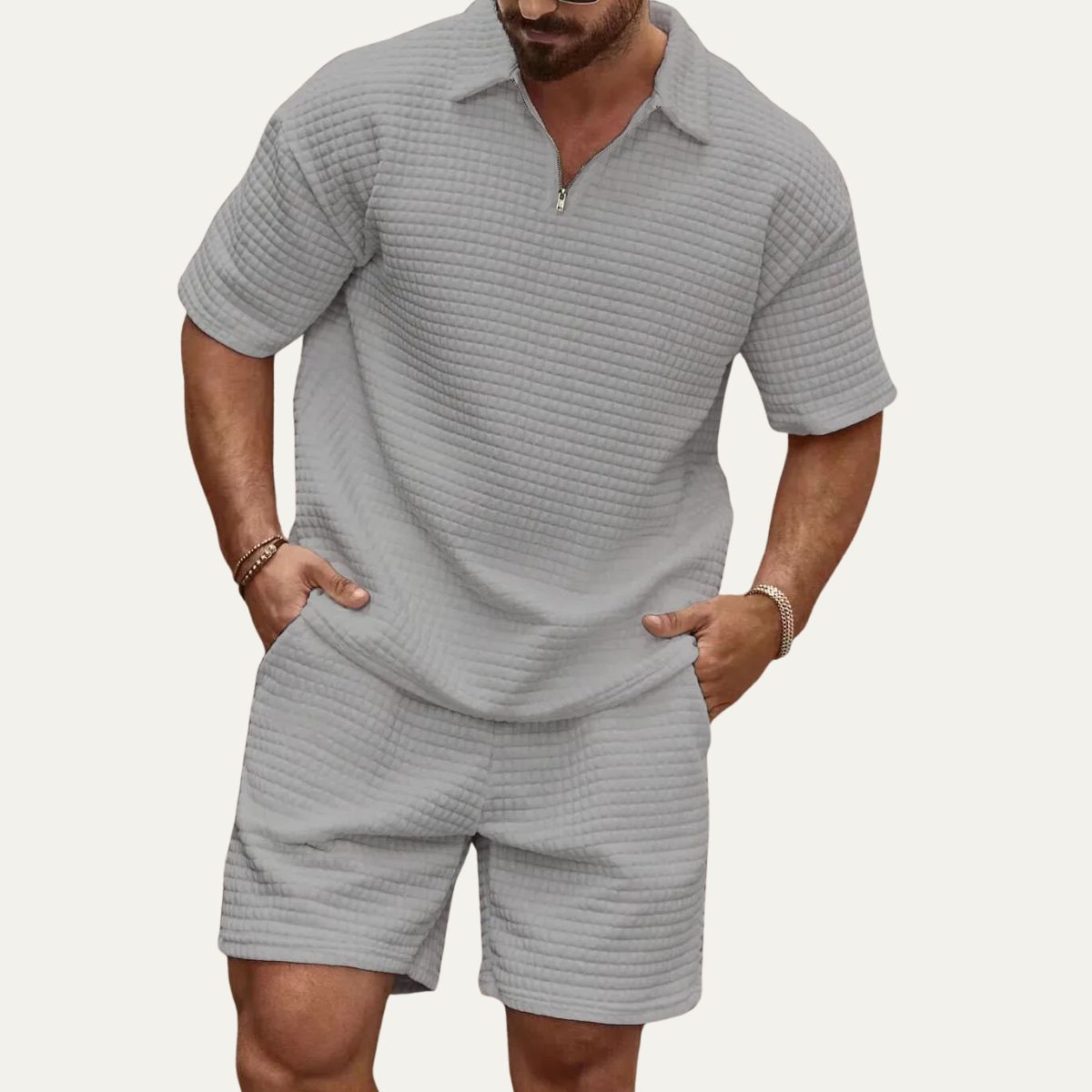 Camille | Men's Knit Shorts Set Cream Waffle Texture