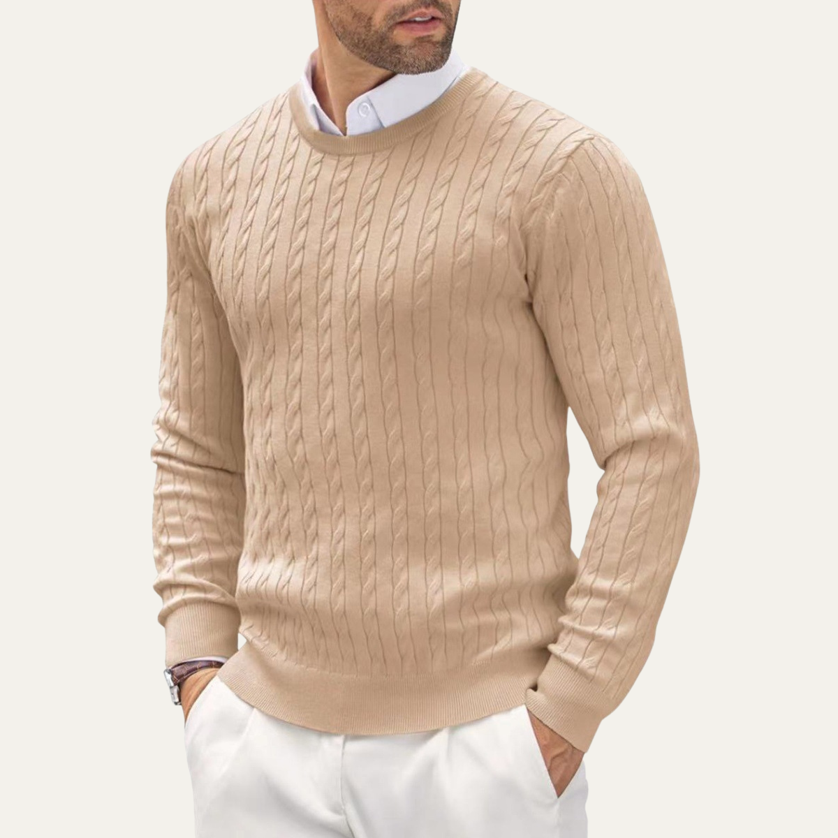Axel | Men's Cable Knit Sweater Camel Crew Neck