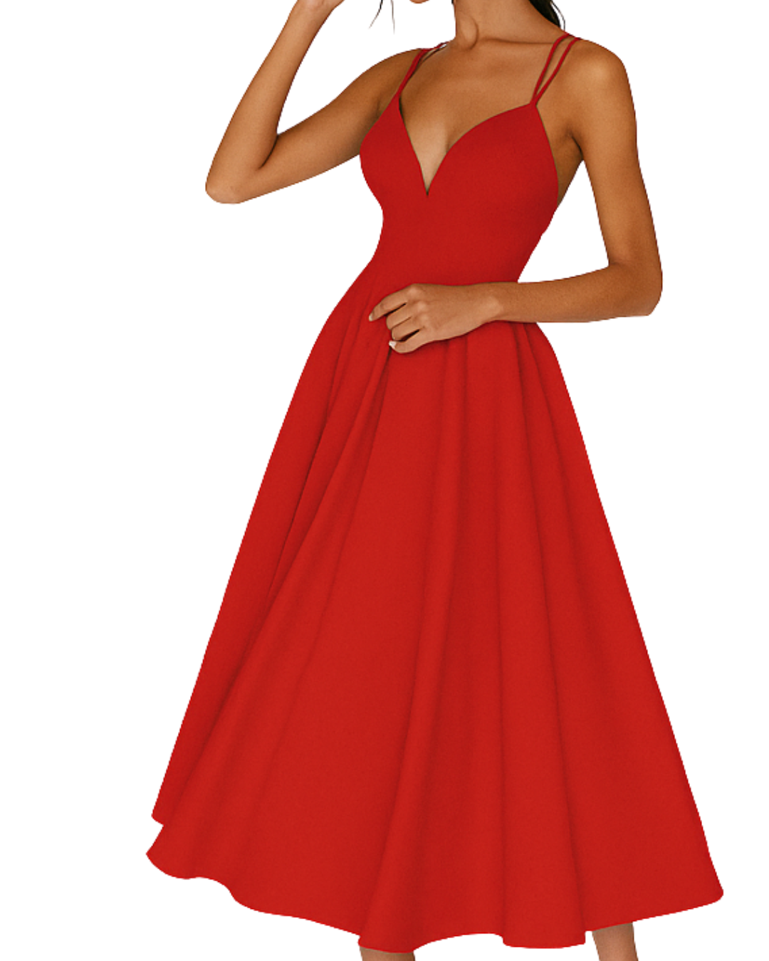 Vera | Women's A Line Midi Dress Red Strappy V Neck