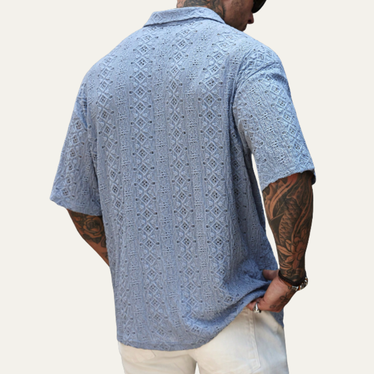 Beau | Men's Boho Linen Shirt Light Blue Geometric Pattern