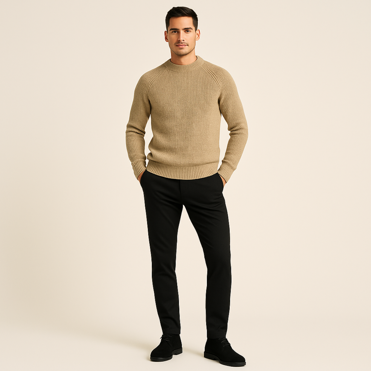 Bram | Men's Crew Neck Sweater Cream Ribbed Knit