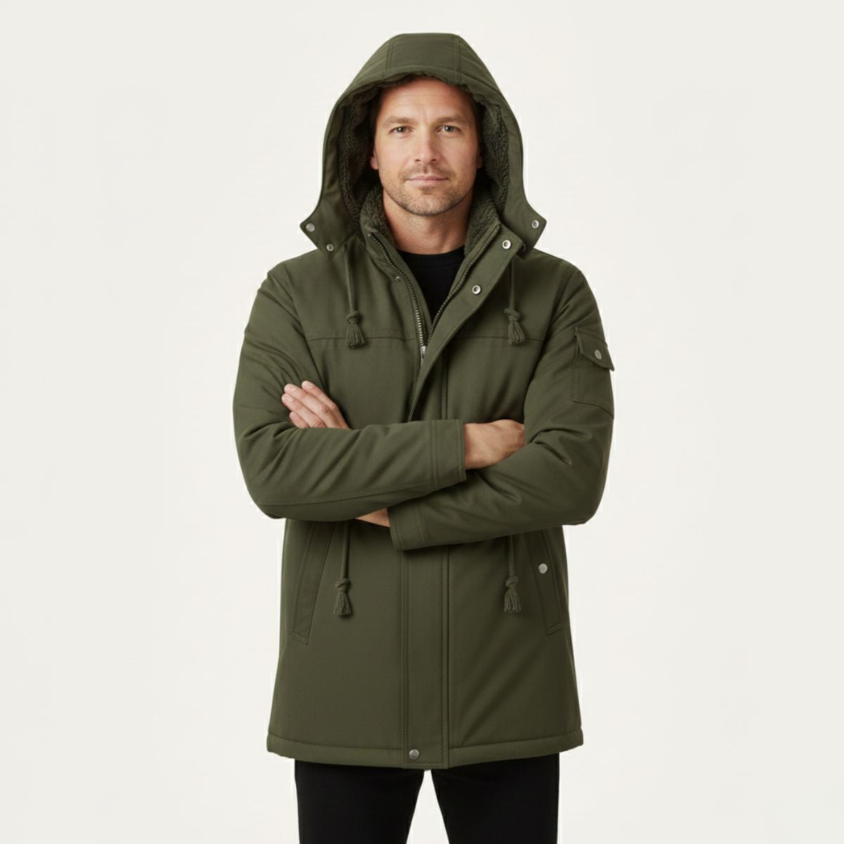Callum | Men's Utility Parka Jacket Black Sherpa Lined Hood