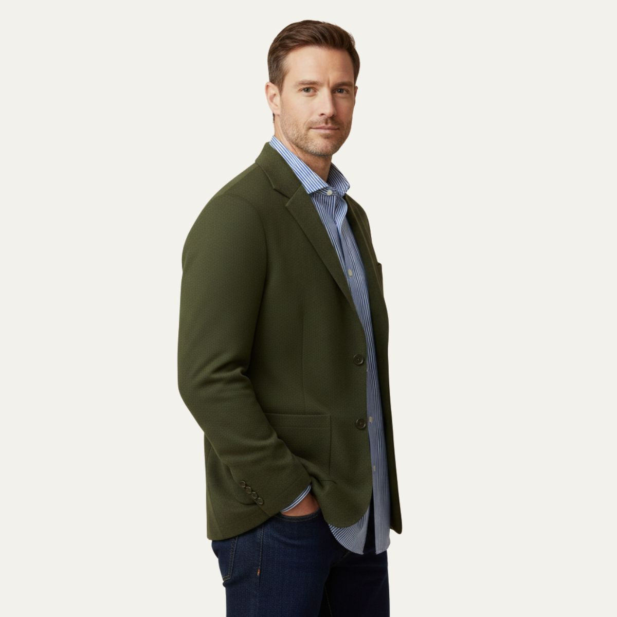 Hugo | Men's Smart Casual Linen Blazer Olive Green Stripe Shirt