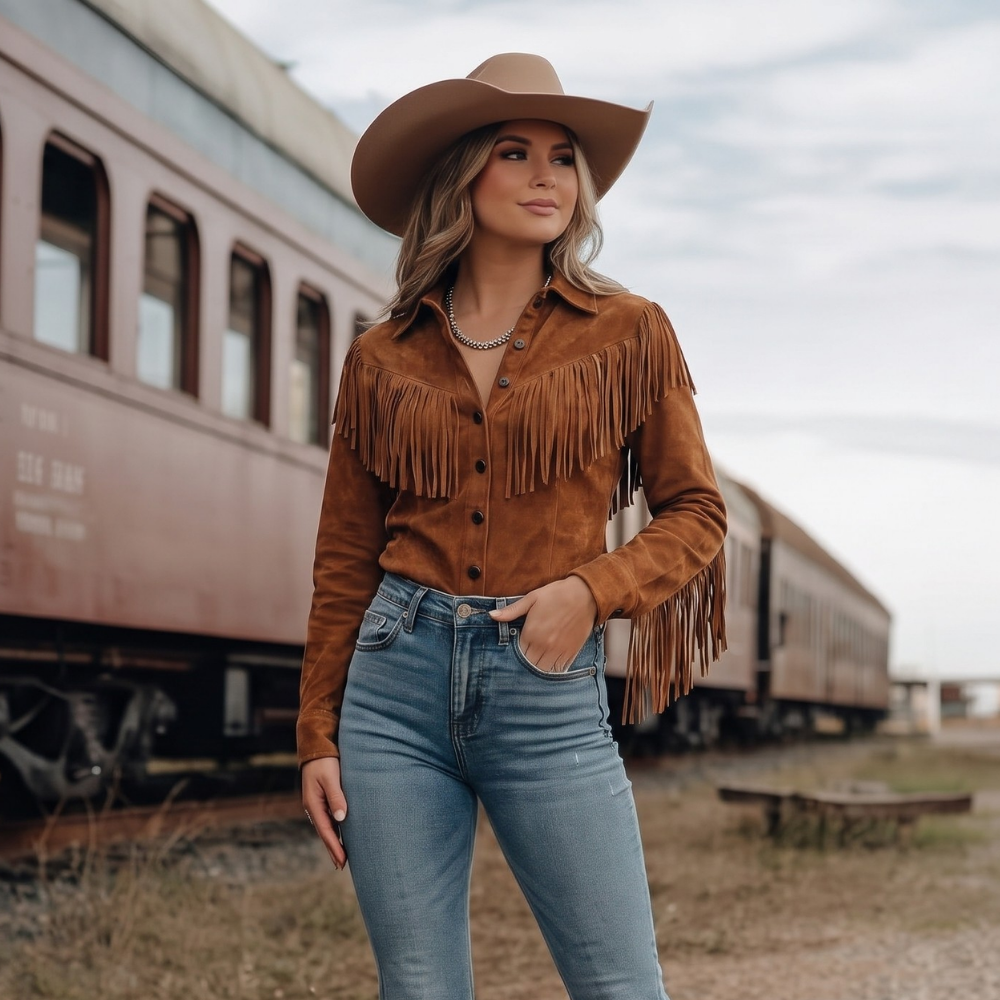 Dama Washington Demi women's fringe suede shirt jacket rust - view 6