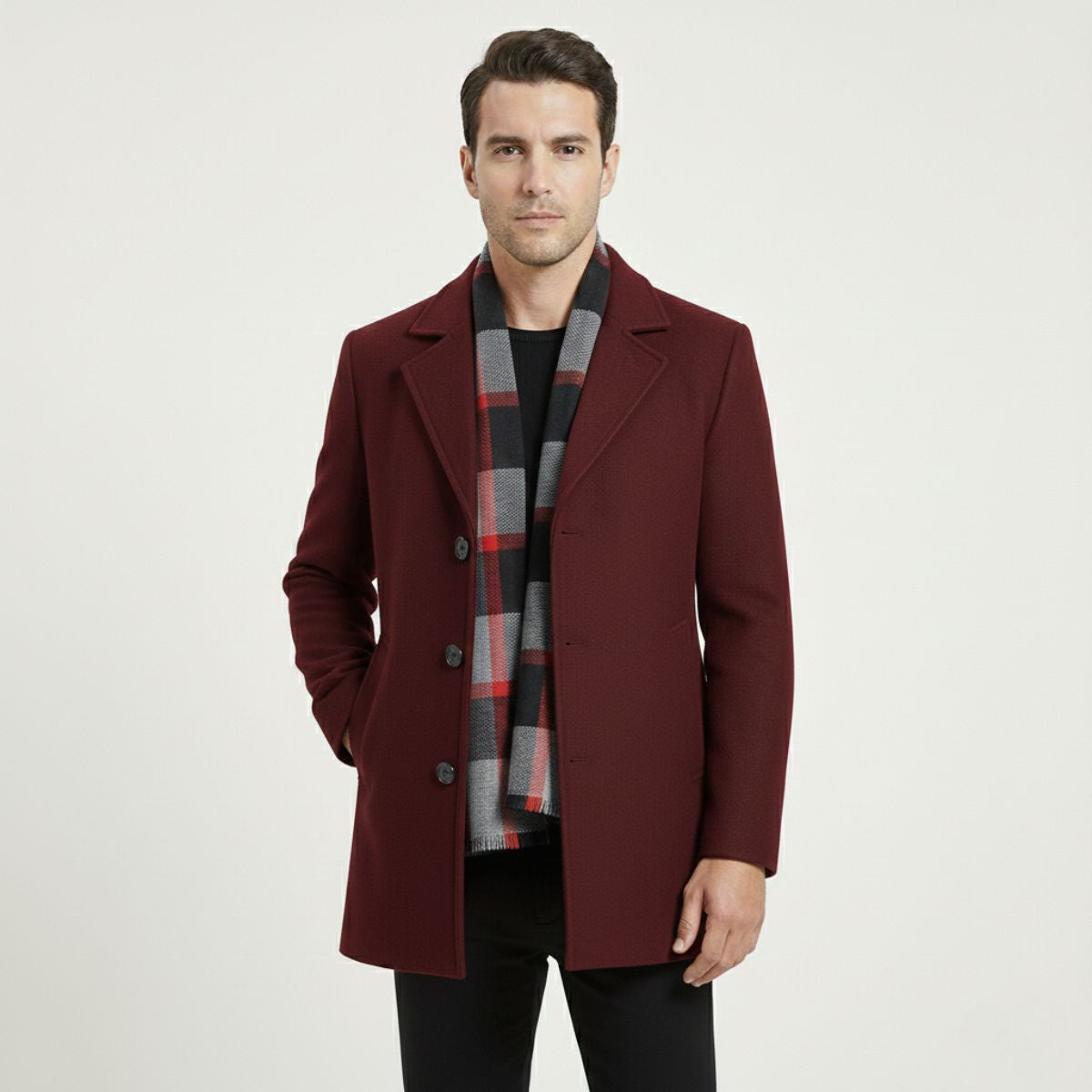 Callum | Men's Wool Overcoat Black With Striped Scarf Collar