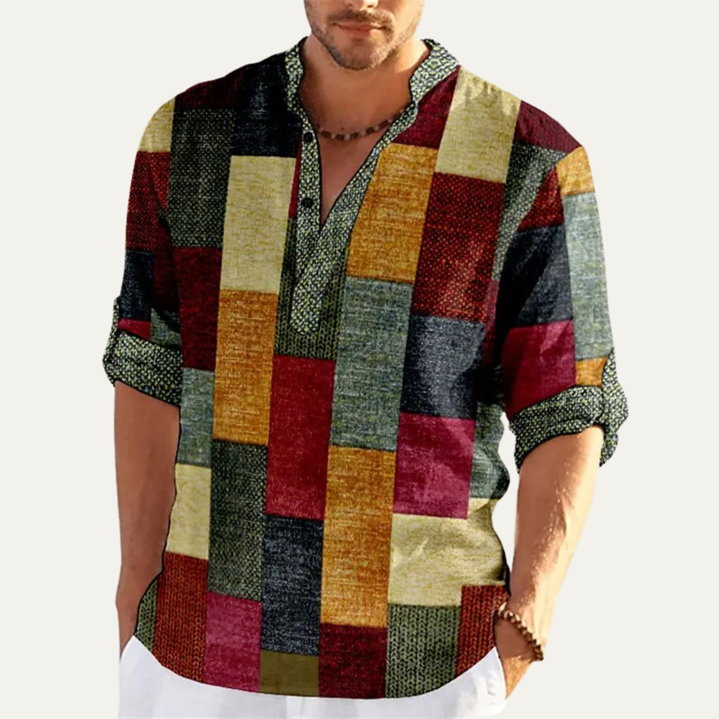 Dama Washington Axel men's patchwork casual button up shirt blue green black - view 2