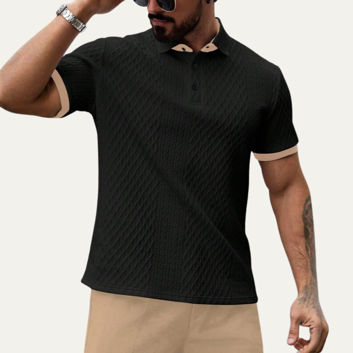 Axel | Men's Textured Polo Shirt Black Contrast Trim