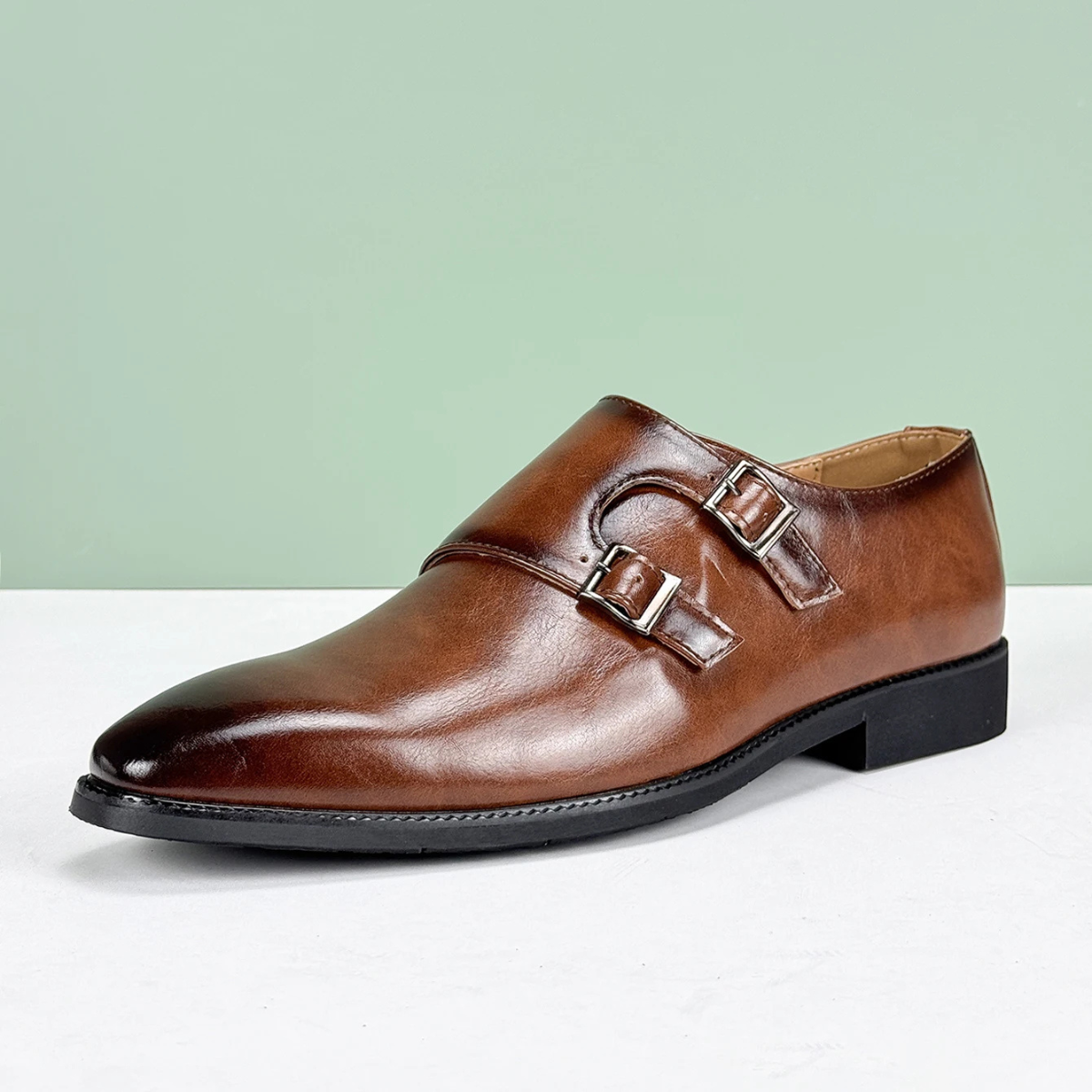 Axel | Men's Double Buckle Strap Dress Shoes Brown Leather