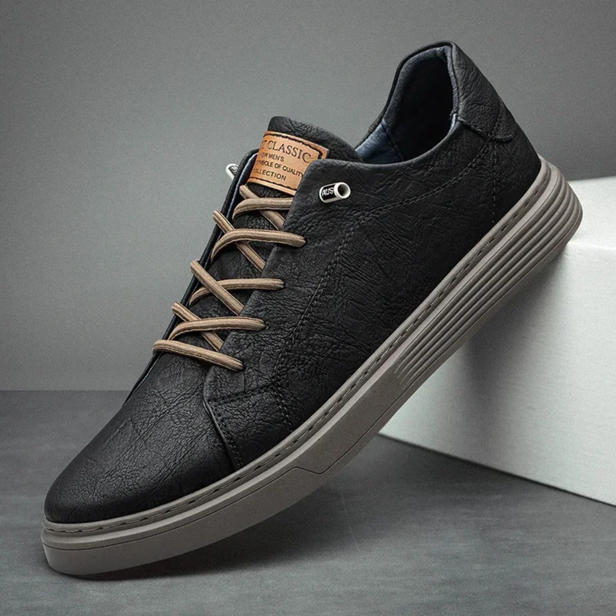 Kai | Men's Casual Leather Sneaker Black Cream Sole