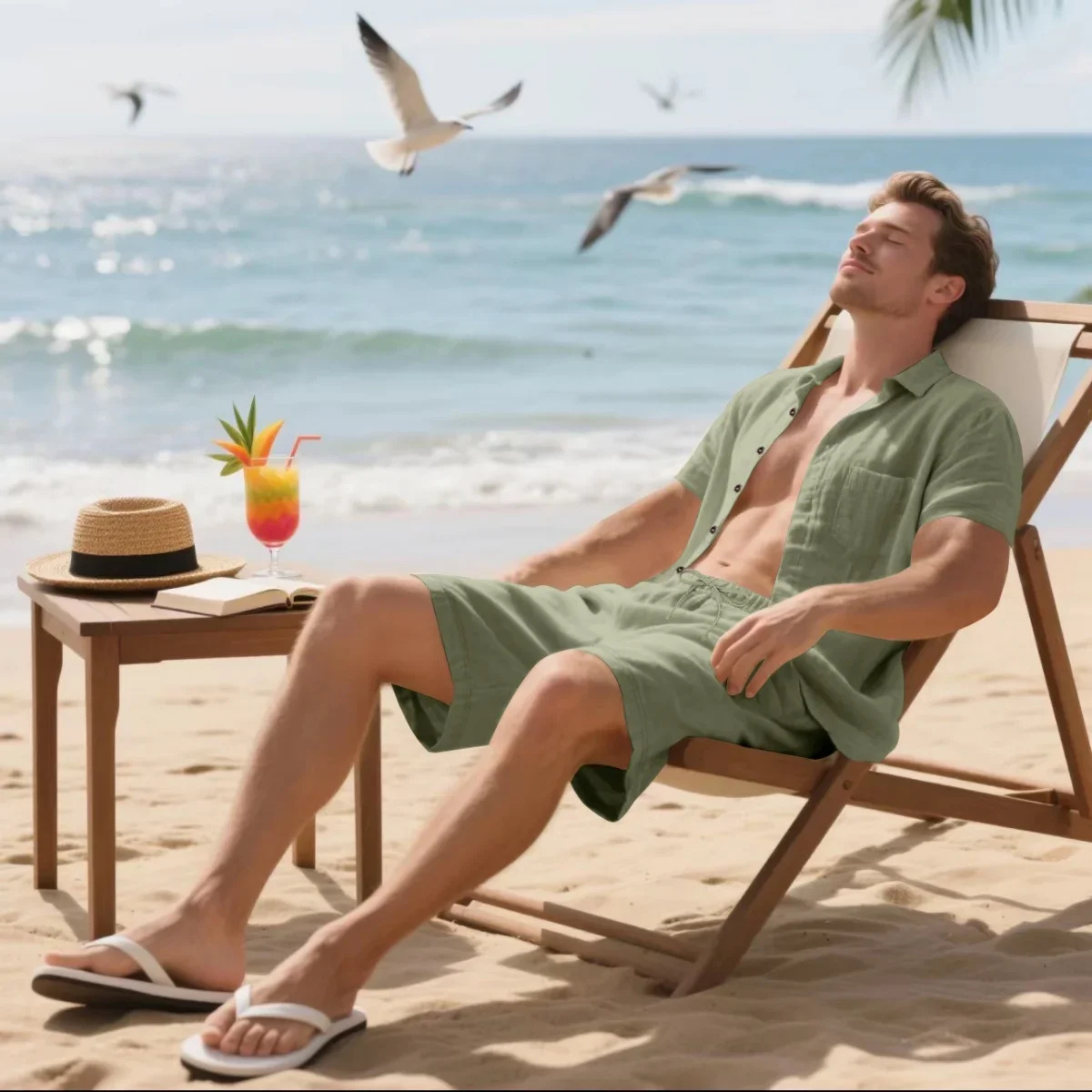 Blake | Men's Linen Shirt Shorts Set Sage Green Casual