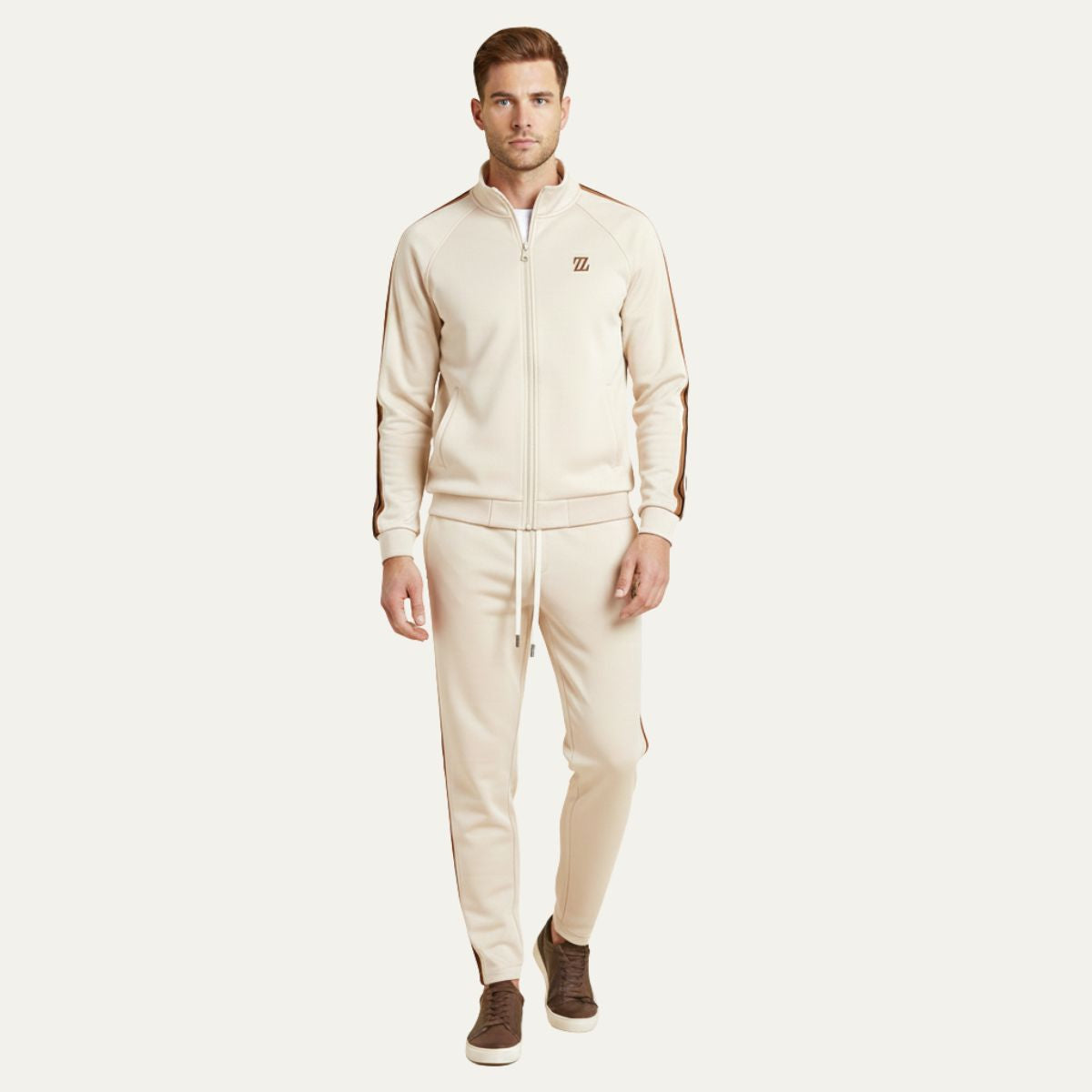 Axel | Men's Sweatsuit Cream Brown Stripe Track Jacket Joggers Set