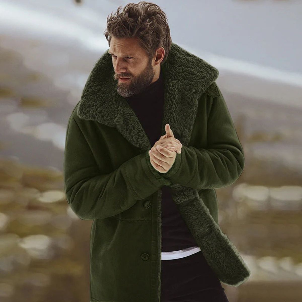 Voss | Men's Sherpa Lined Wool Overcoat Black
