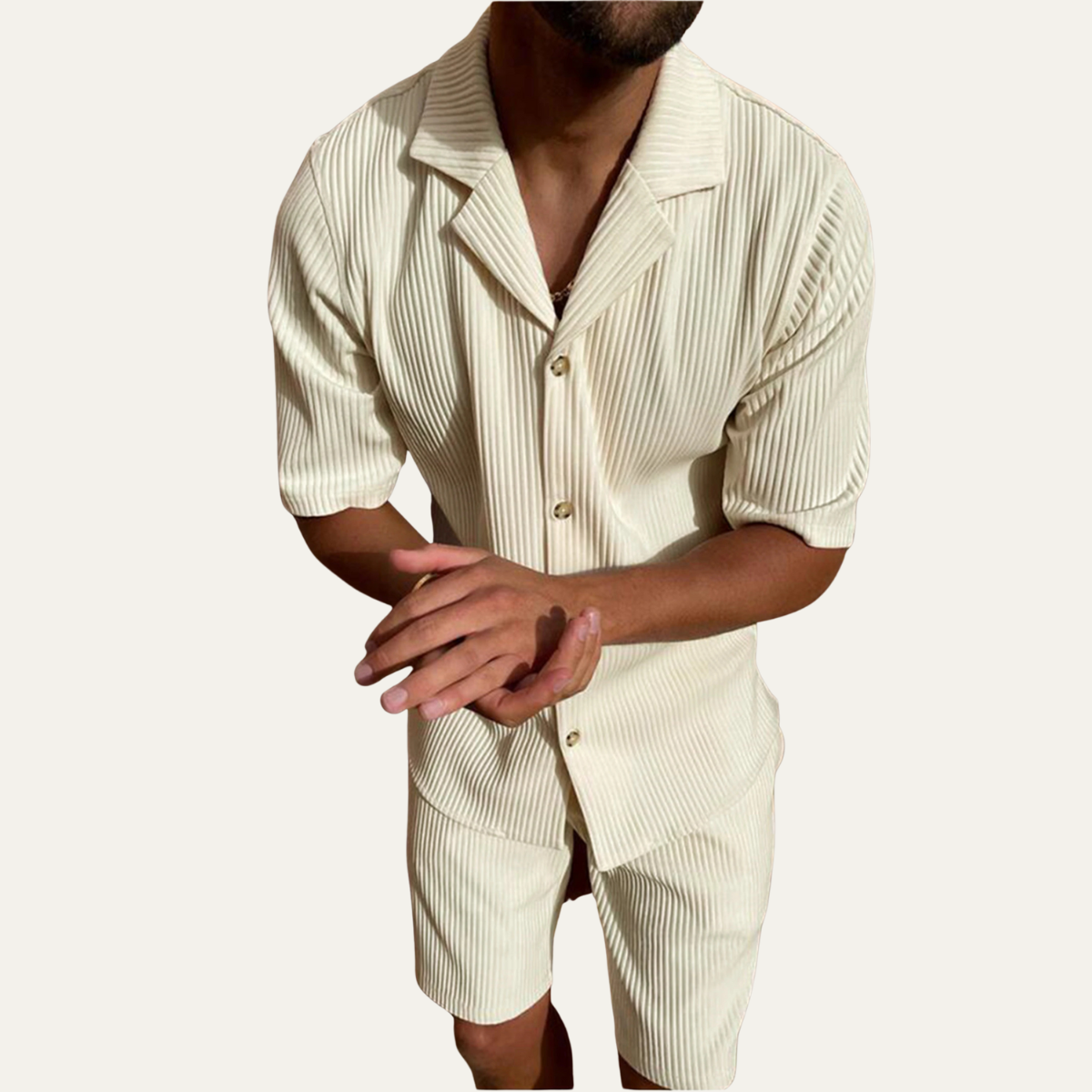 Callum | Men's Sweatsuit Cream Ribbed Short Sleeve
