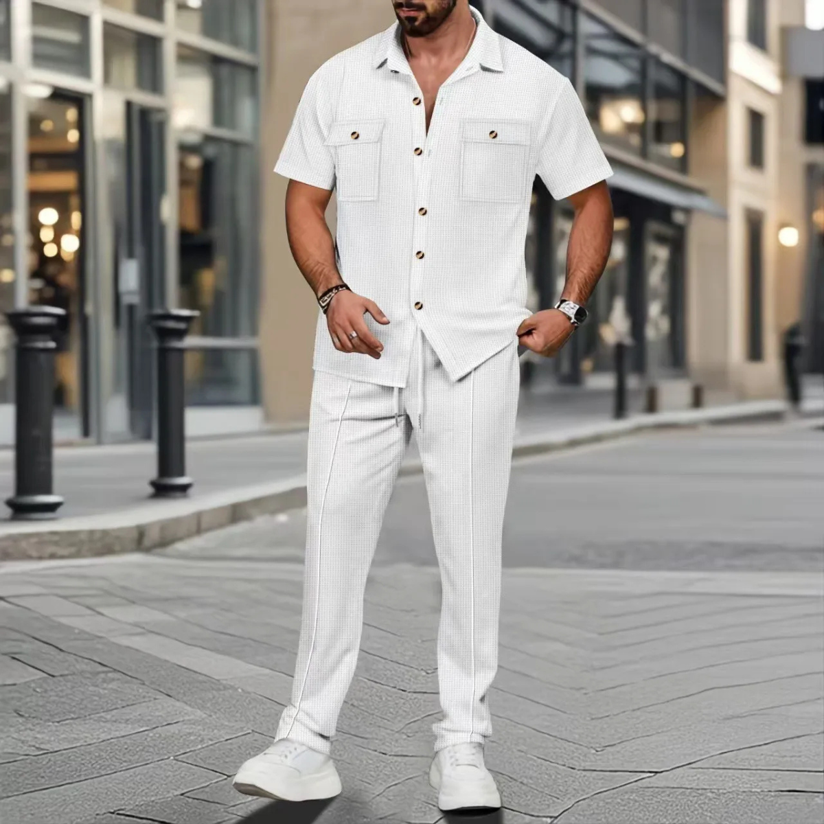 Marco | Men's Casual Linen Matching Set Cream Short Sleeve