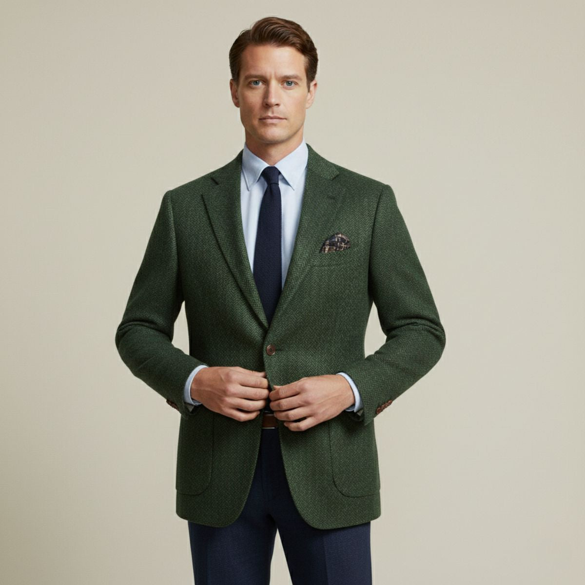 Evan | Men's Navy Herringbone Wool Blazer Single Breasted