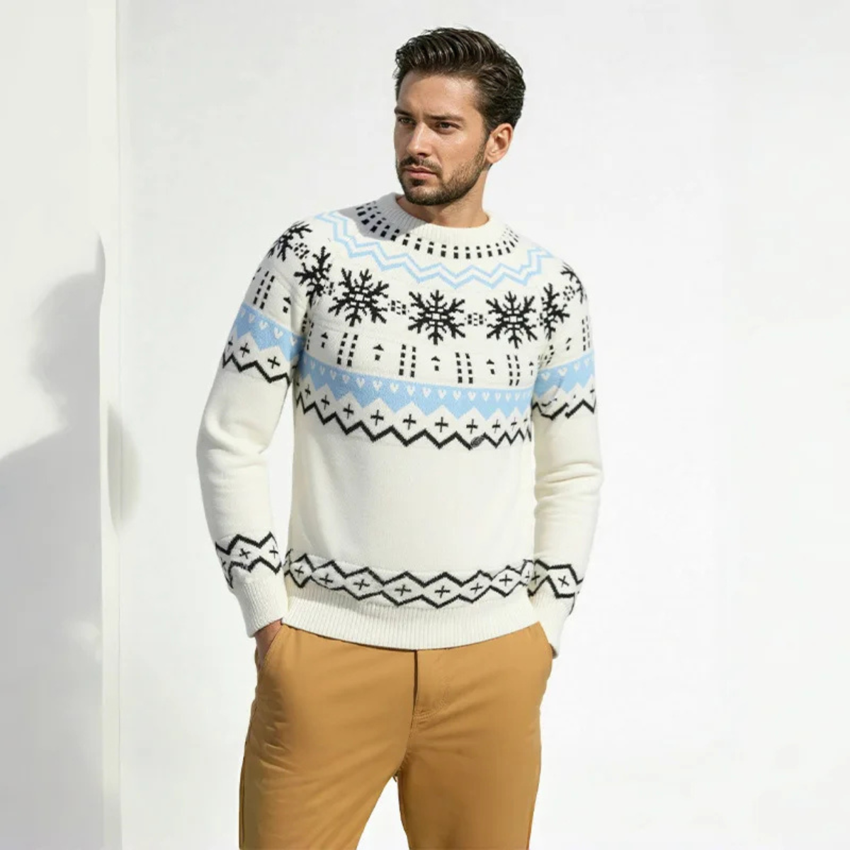 Ash | Men's Crew Neck Snowflake Sweater Cream Light Blue Black