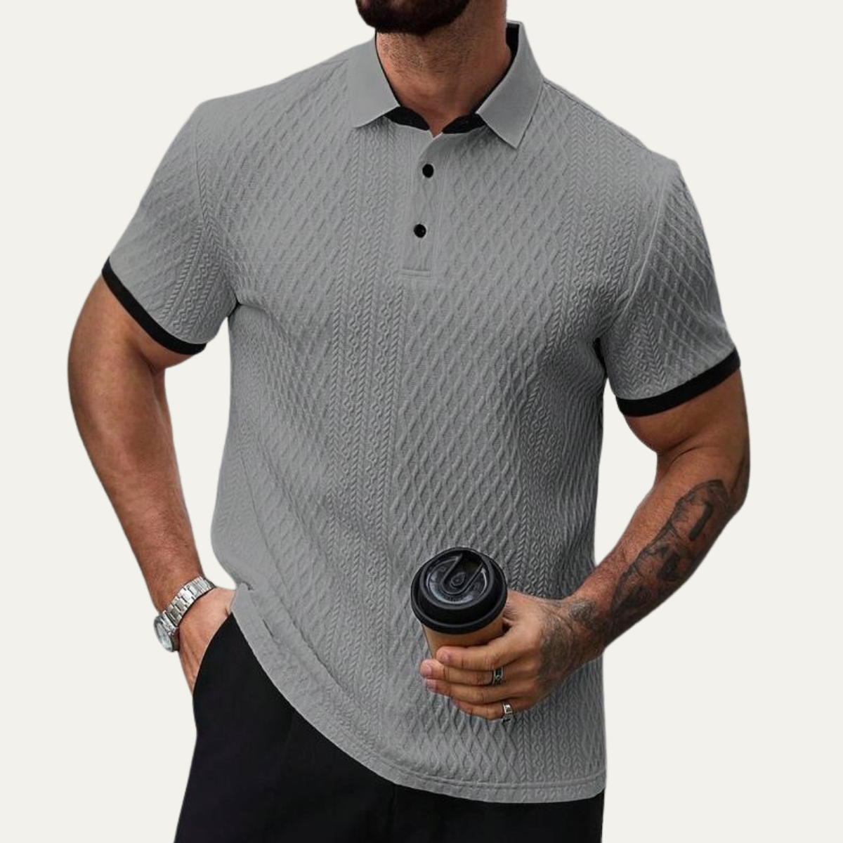 Bram | Men's Casual Textured Polo Shirt Gray Black Trim
