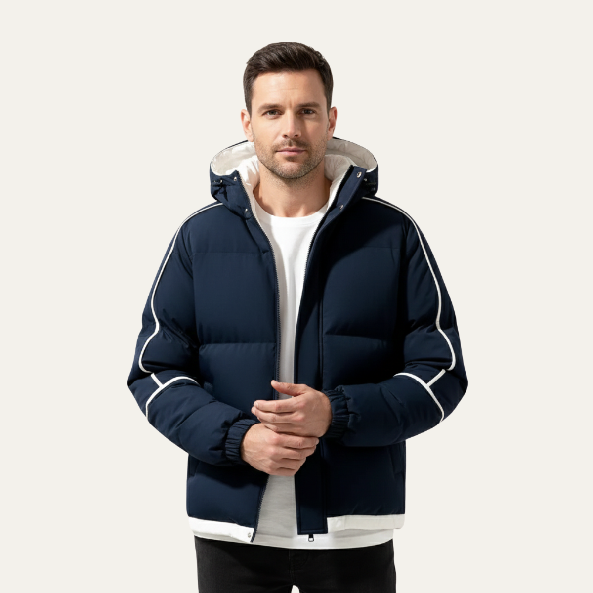 Jude | Men's Puffer Jacket Black White Hooded Waterproof