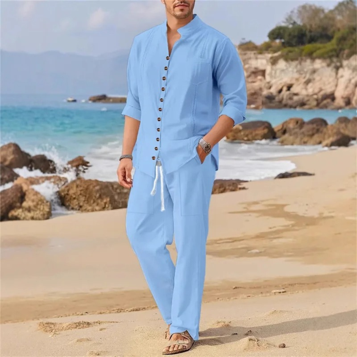 Dama Washington Axel men's linen sweatsuit pink button up - view 2