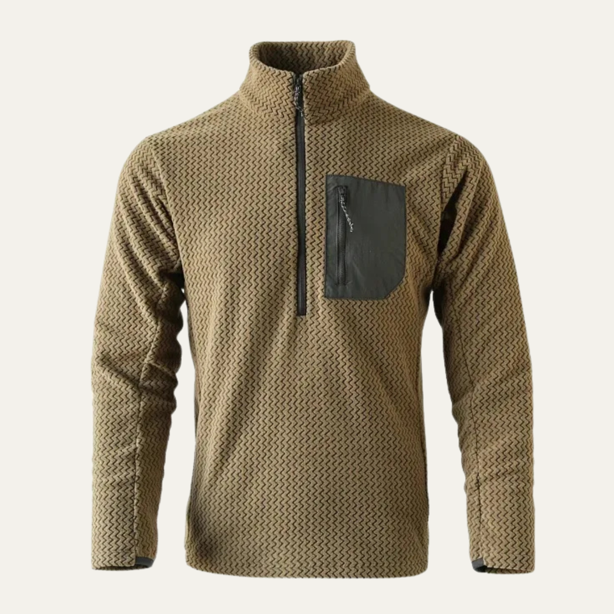 Dama Washington Ezra men's quarter zip sweater cream knit chest pocket - front view