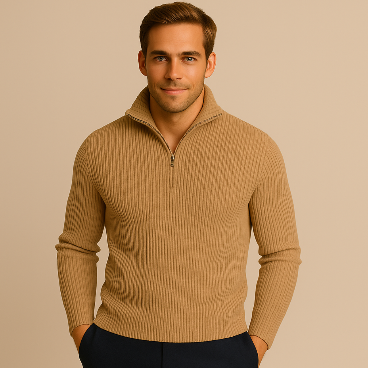 Cleo | Men's Quarter Zip Sweater Cream Ribbed Knit