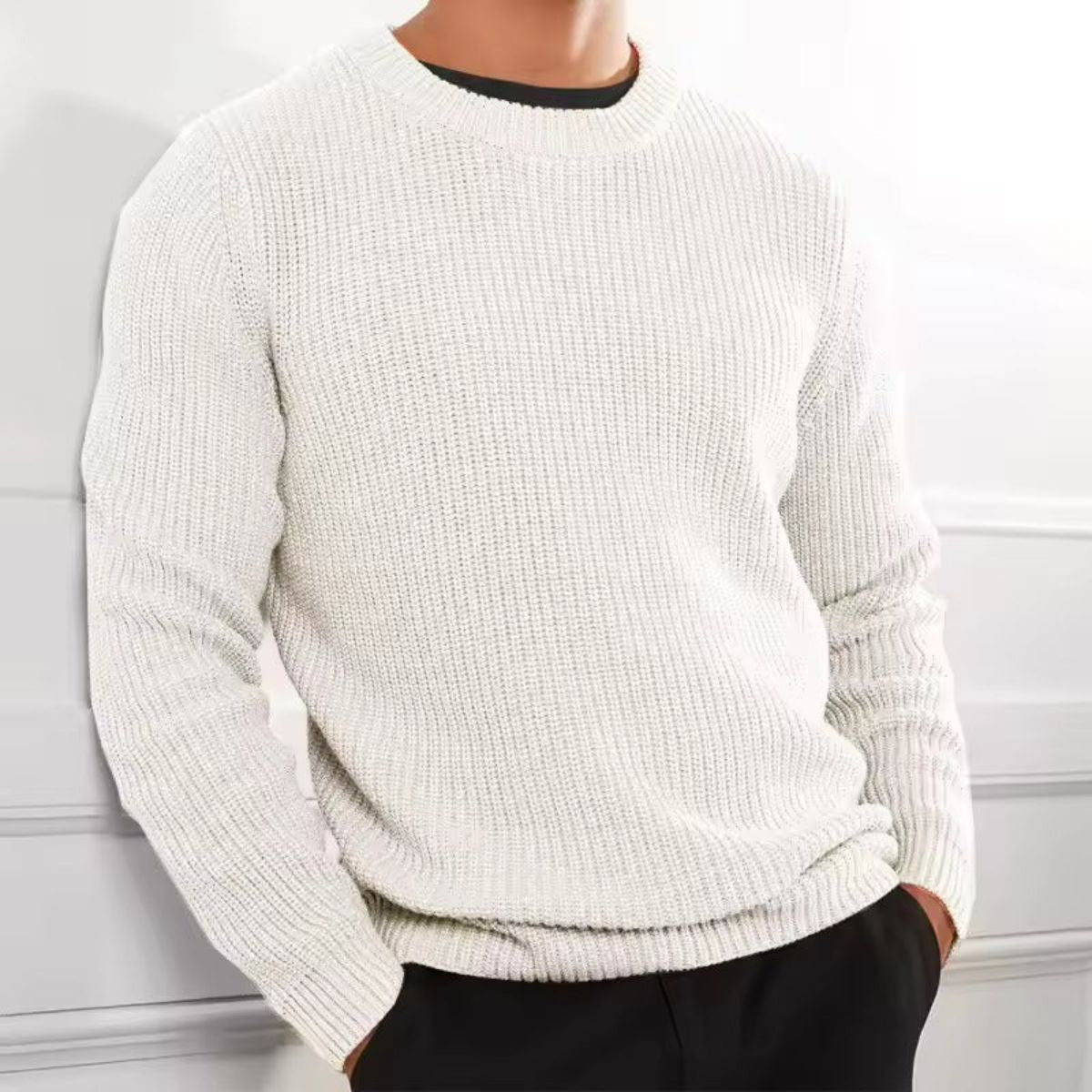 Isla | Men's Ribbed Knit Sweater Cream Crew Neck
