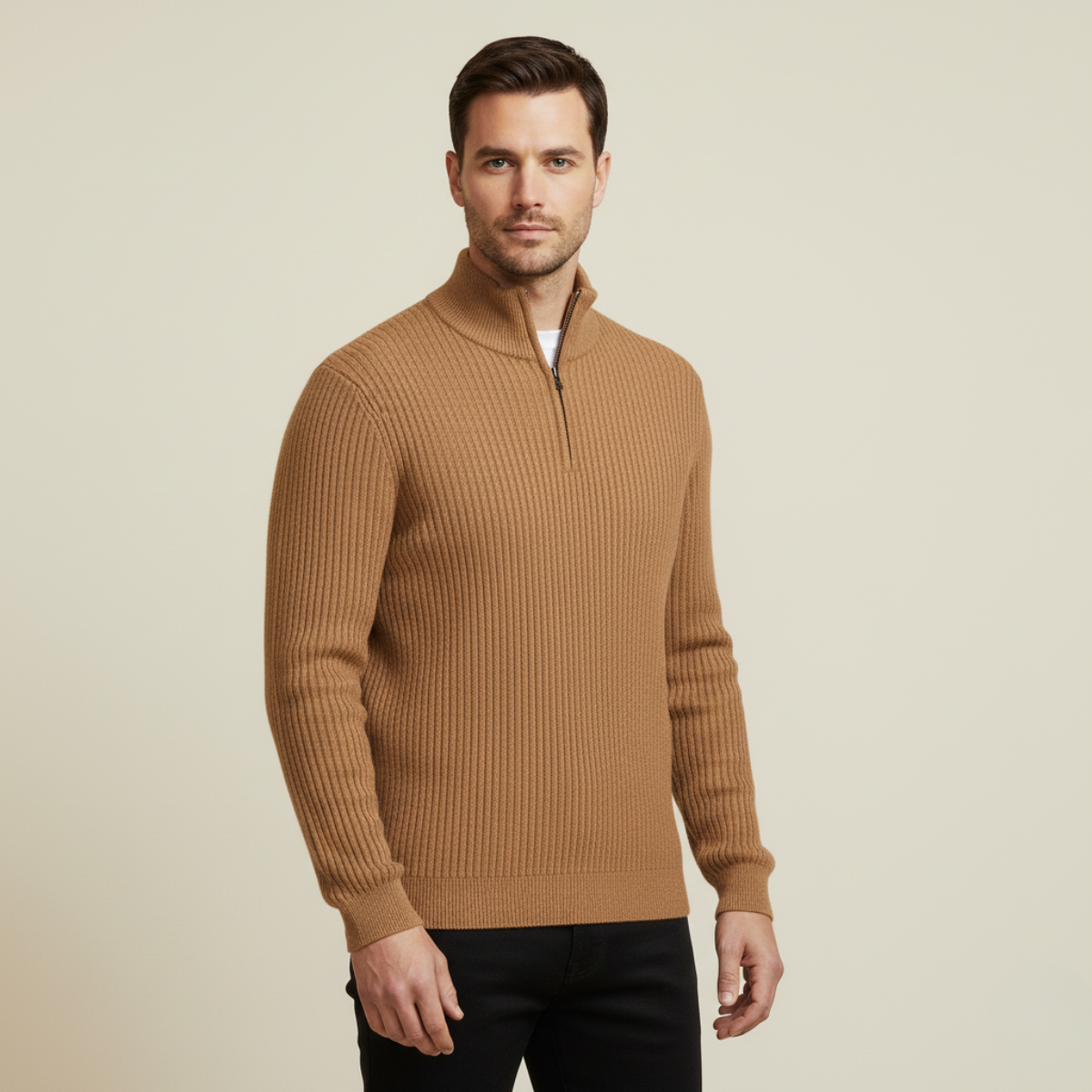 Wren | Men's Quarter Zip Sweater Black Ribbed Knit