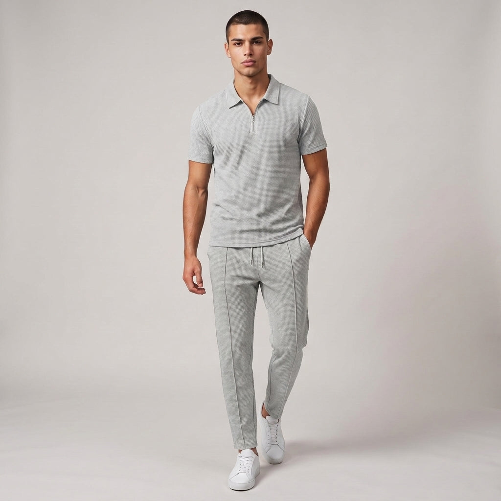 Dama Washington Wyatt waffle knit sweatsuit Light Grey - full outfit model view