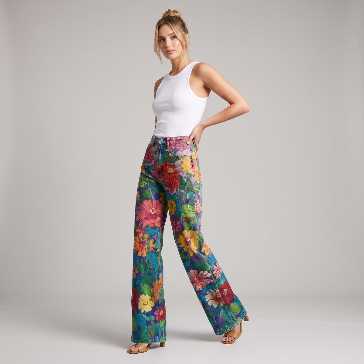 Dama Washington Thea women's wide leg jeans floral print high waisted - full outfit model view