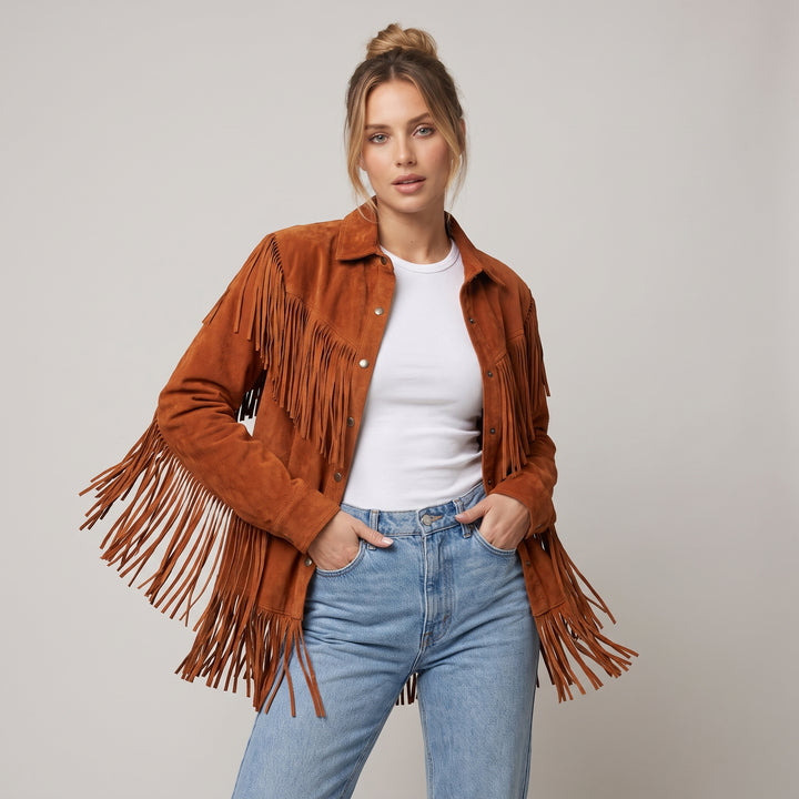 Dama Washington Demi women's fringe suede shirt jacket rust - model front view