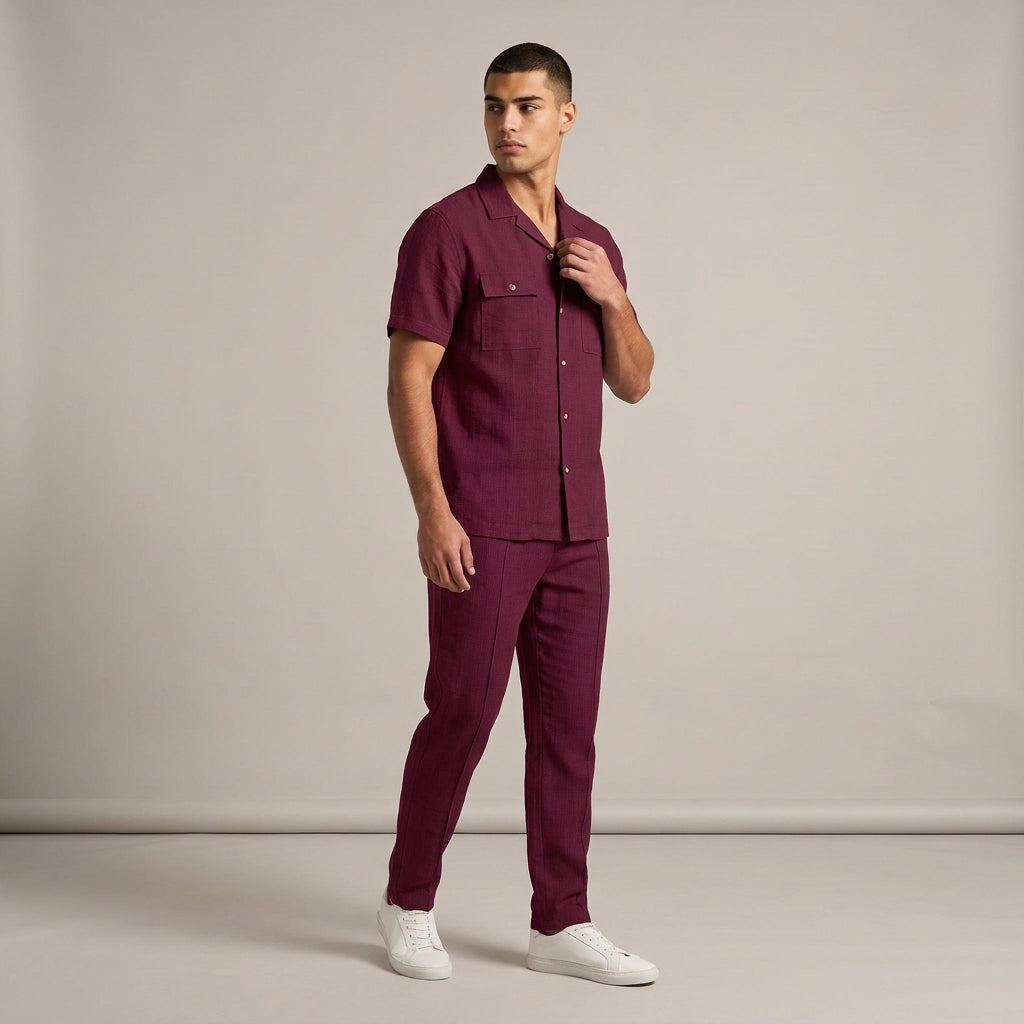 Dama Washington Marco linen matching set Burgundy - full outfit model view