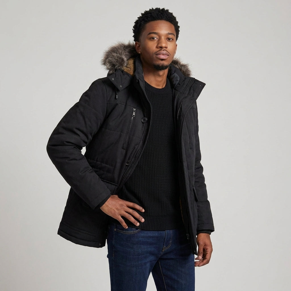 Dama Washington Bram fur hooded puffer parka Black - full outfit model view