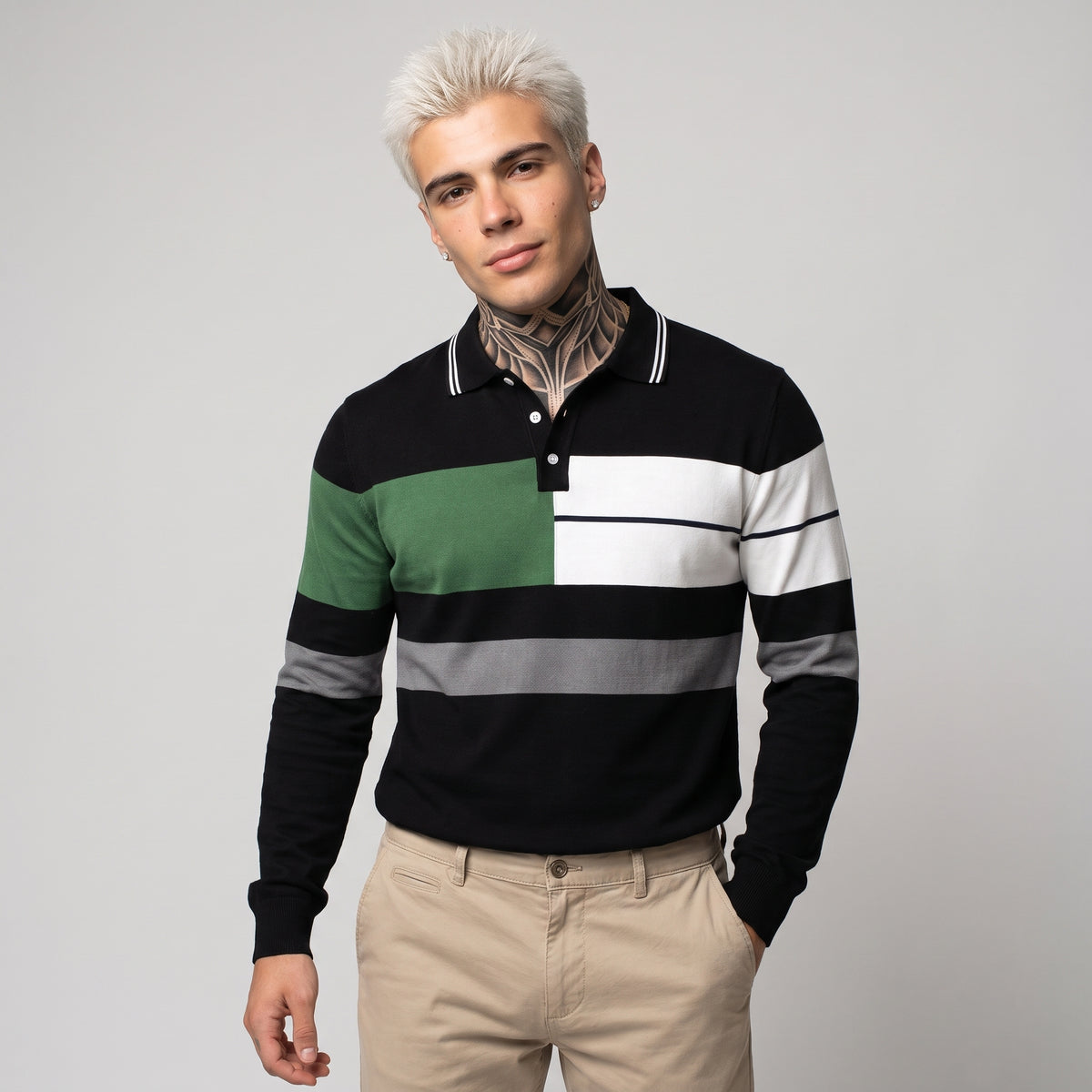 Dama Washington Ezra men's striped color block polo shirt black green white - model front view